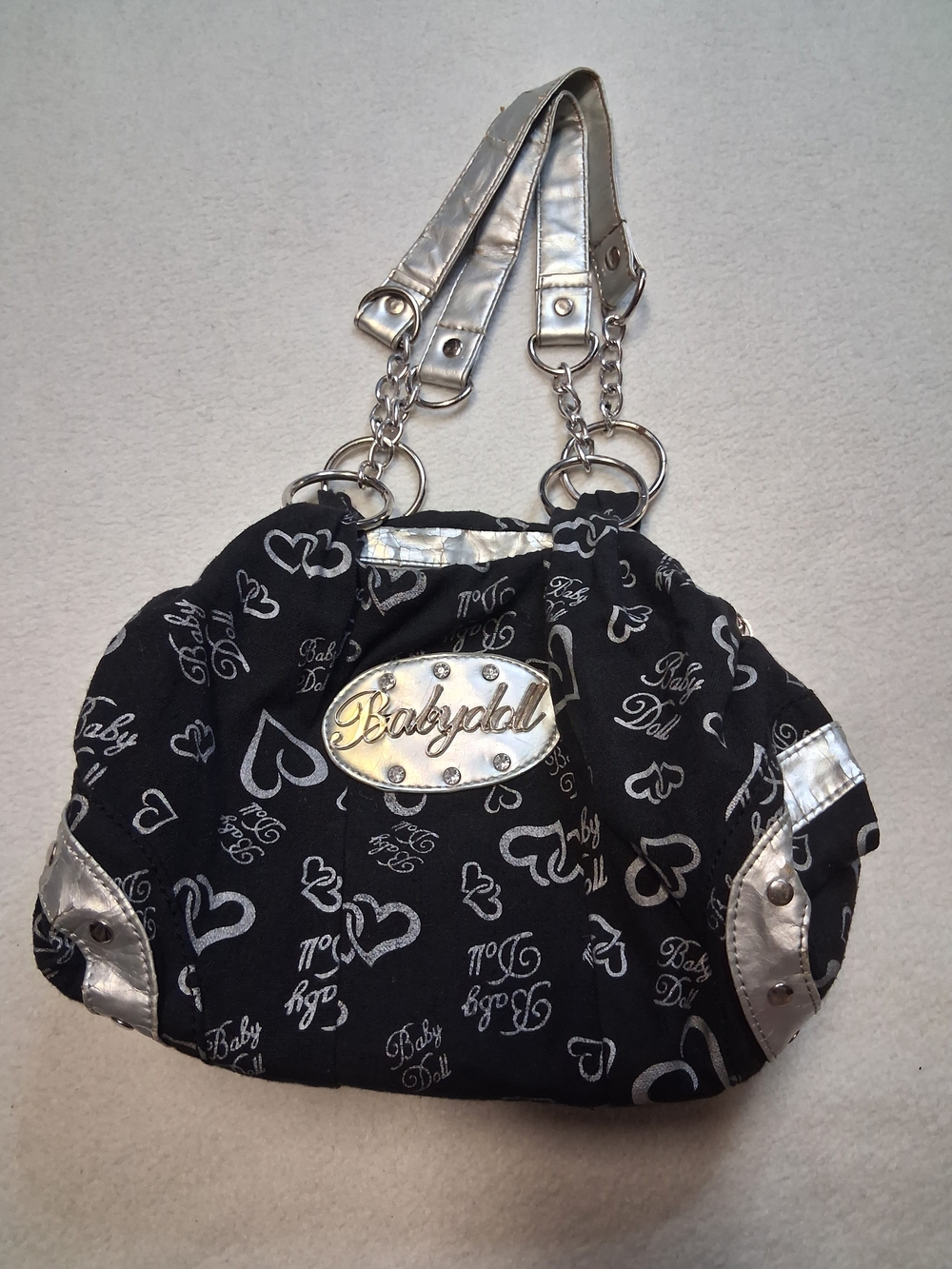 Miss Babydoll Black Shoulder Bag with Silver Accents - Picture 3 of 9